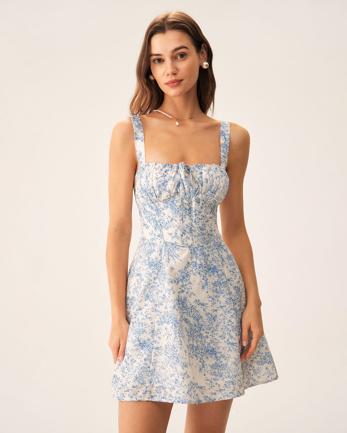 Blue Floral A-Line Slip Dress with Ruched Detail — Blue