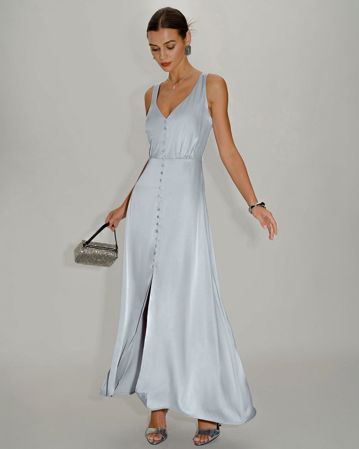 Grey A-Line Maxi Dress, Sleeveless Evening Gown — Grey