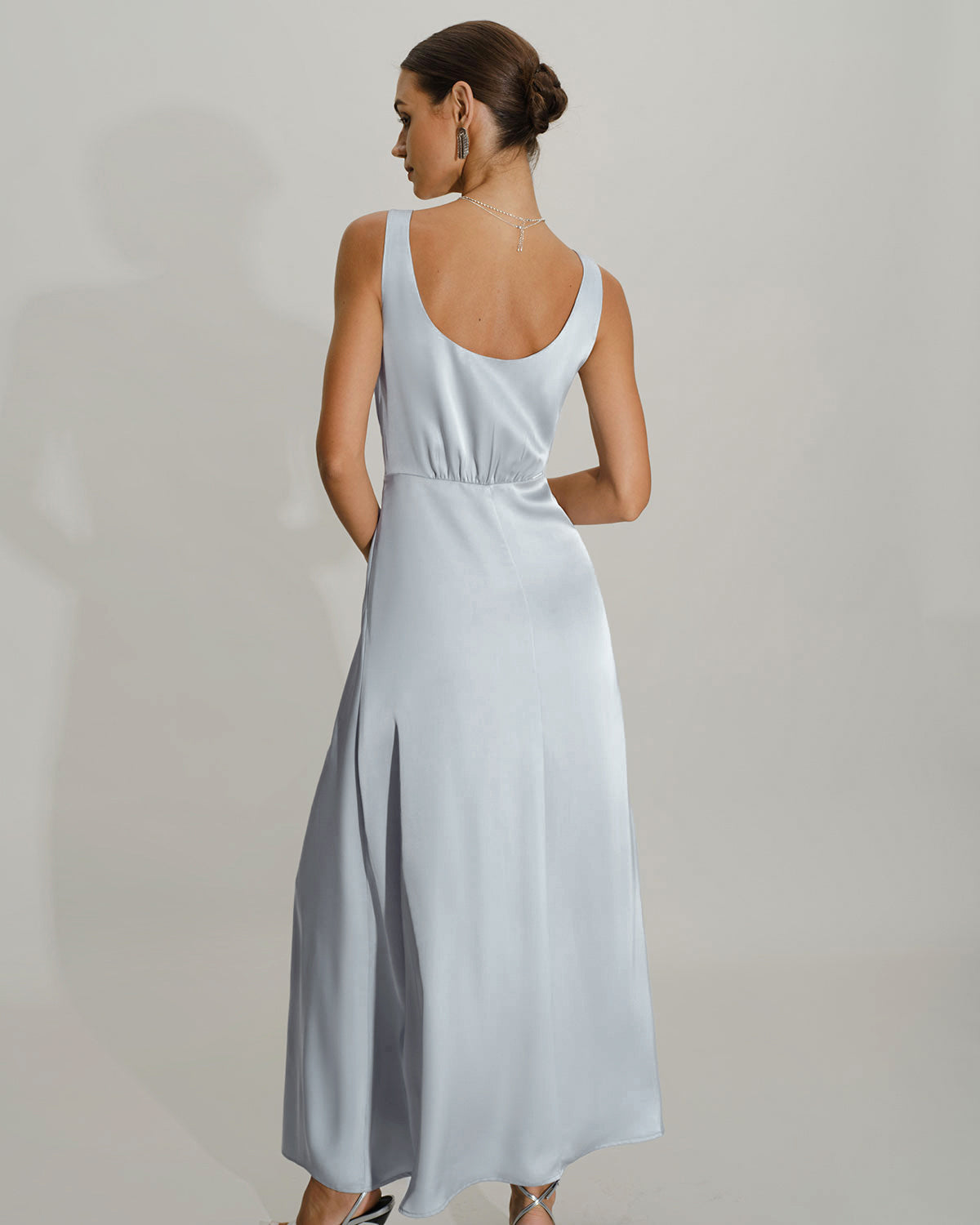 Grey A-Line Maxi Dress, Sleeveless Evening Gown
