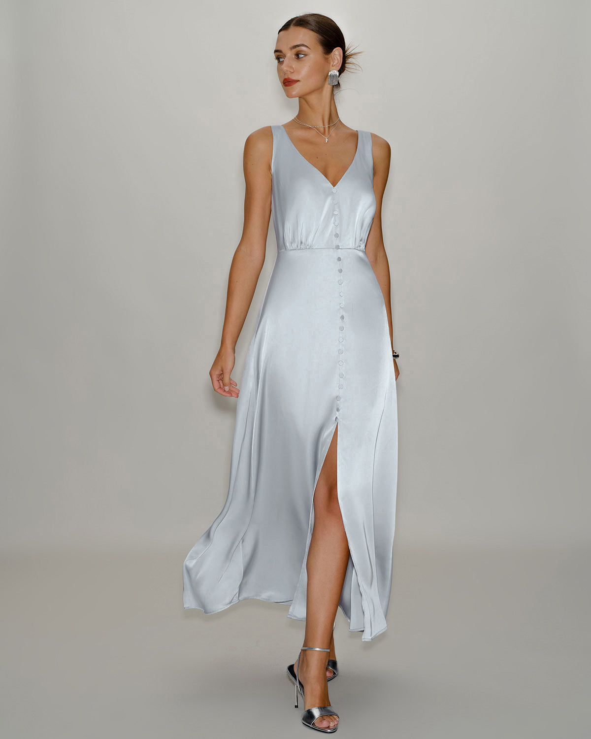 Grey A-Line Maxi Dress, Sleeveless Evening Gown