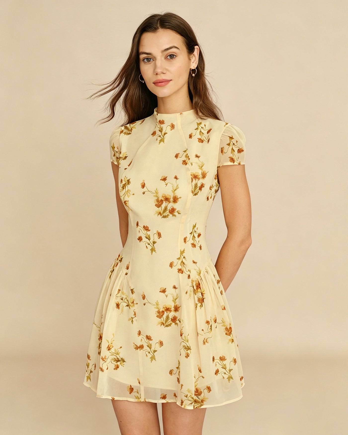 Light Yellow Floral A-Line Mini Dress with Cap Sleeves