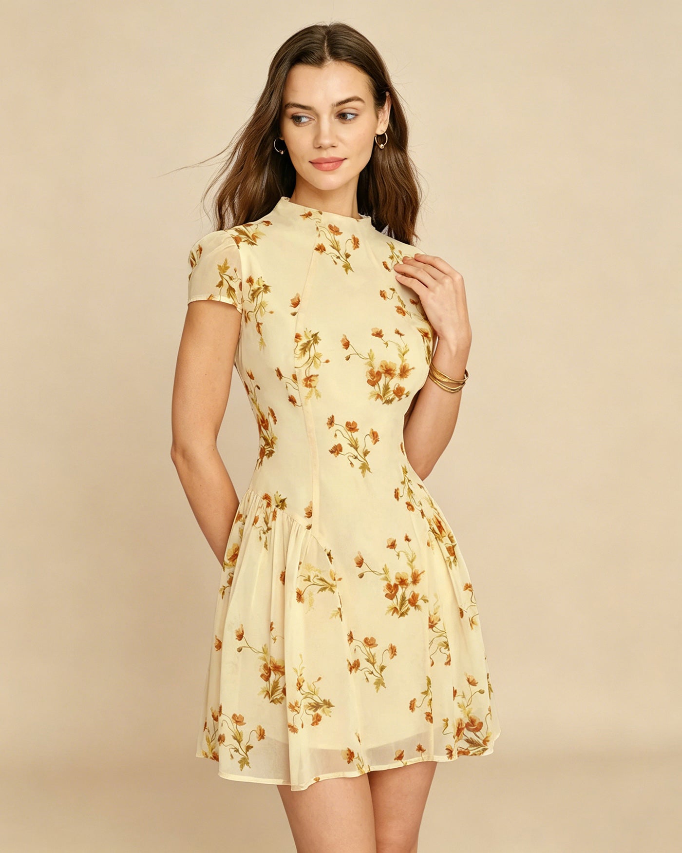 Light Yellow Floral A-Line Mini Dress with Cap Sleeves