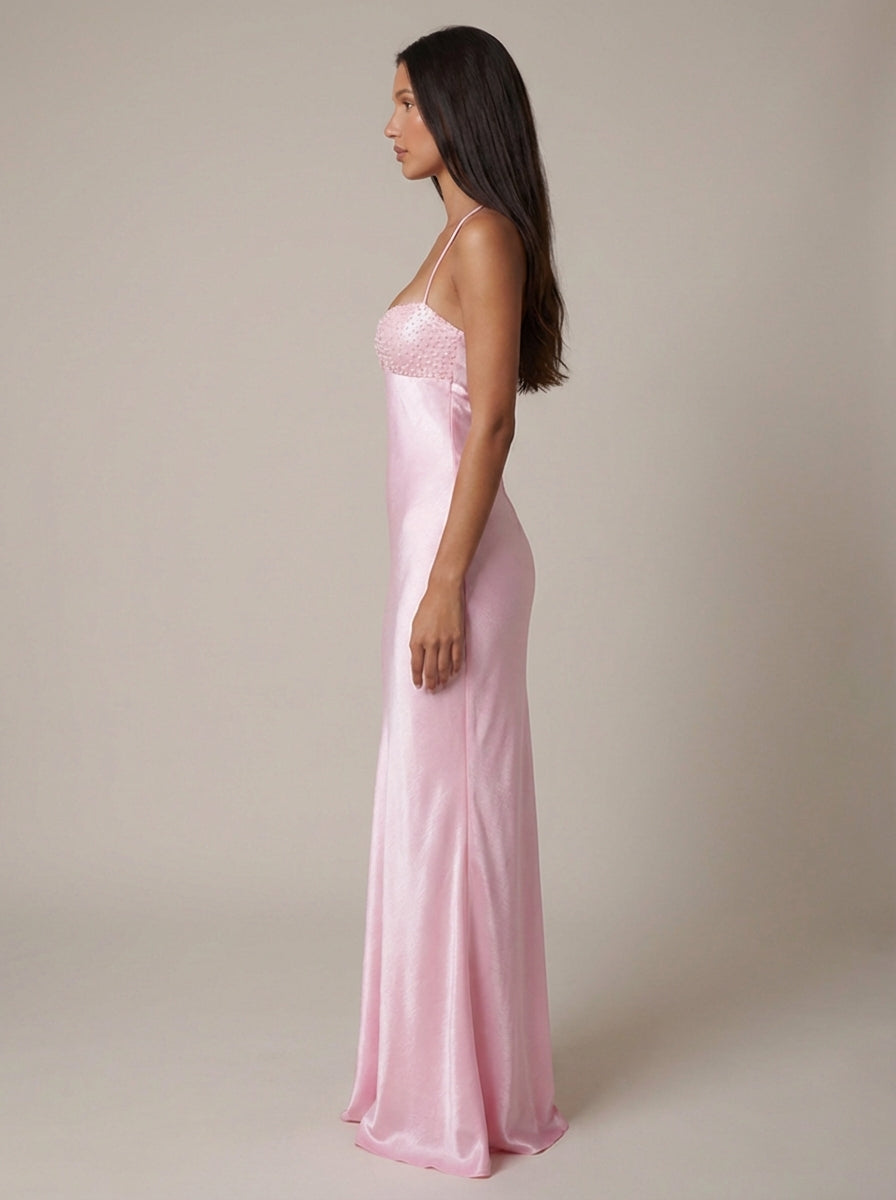 Pink Satin Halter Maxi Dress with Pearl Beading
