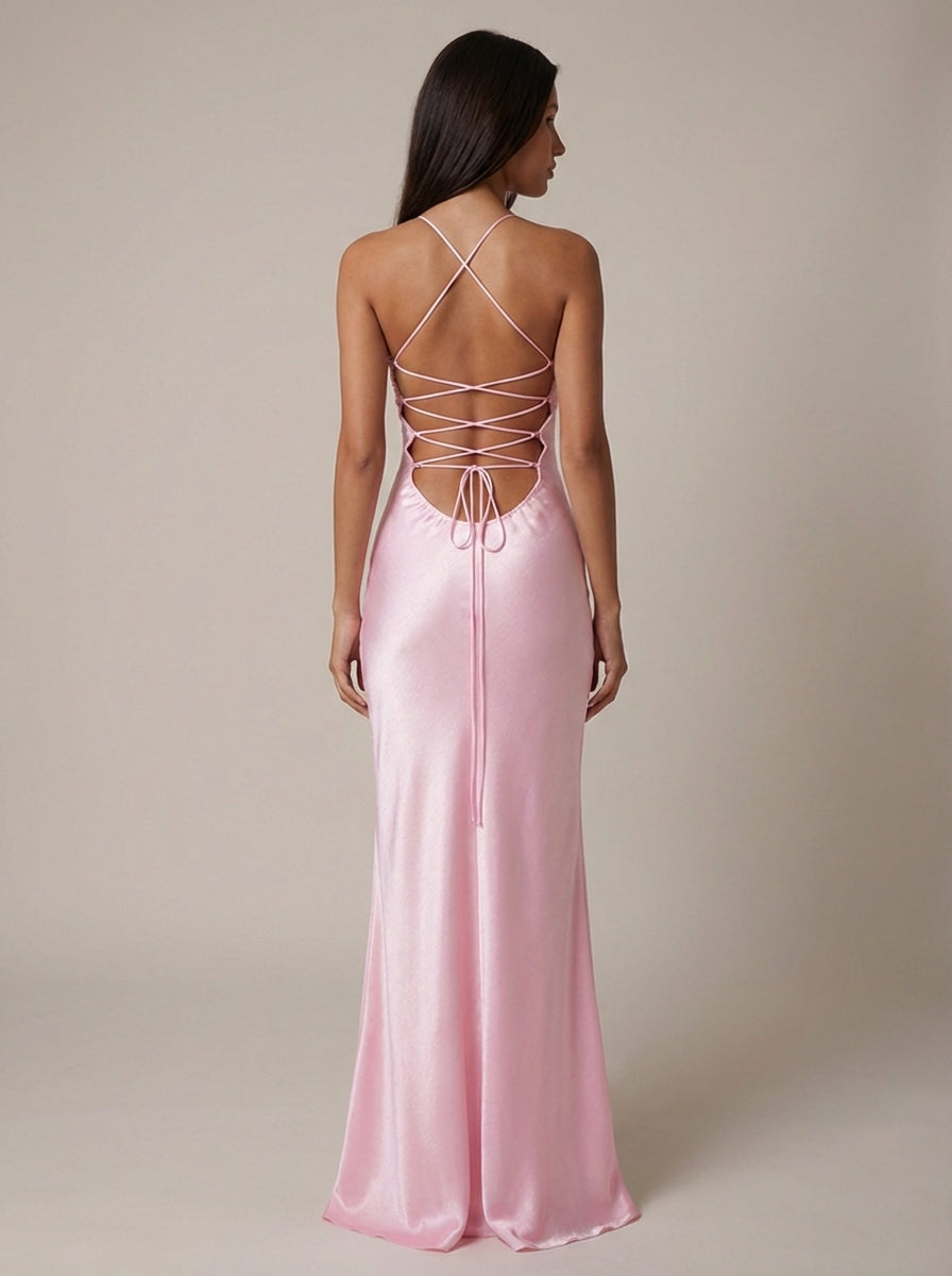 Pink Satin Halter Maxi Dress with Pearl Beading