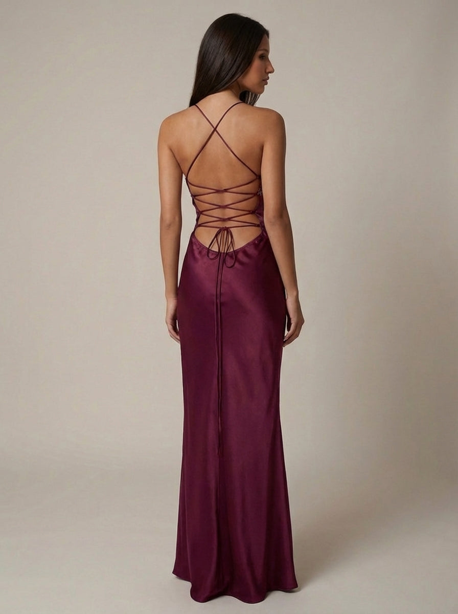 Pink Satin Halter Maxi Dress with Pearl Beading