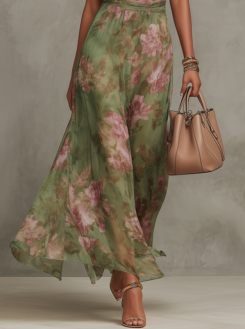 Green Floral Chiffon Maxi Dress for Wedding Guest