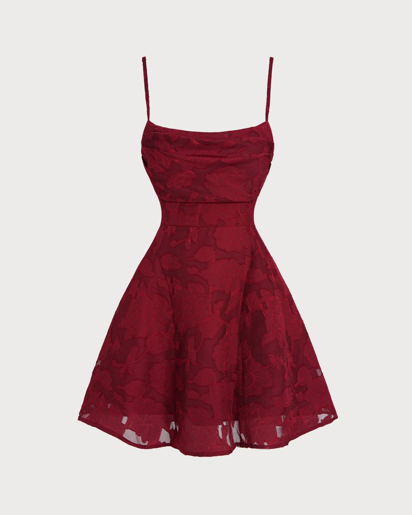 Wine Red A-Line Floral Mini Dress with Square Neck