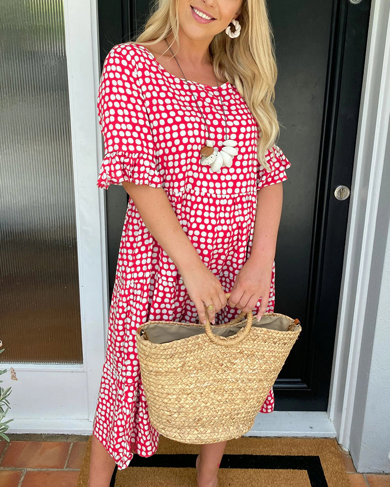 Brown Polka Dot A-Line Midi Dress with Half Sleeves