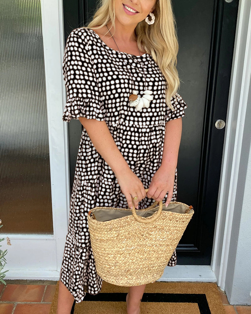 Brown Polka Dot A-Line Midi Dress with Half Sleeves