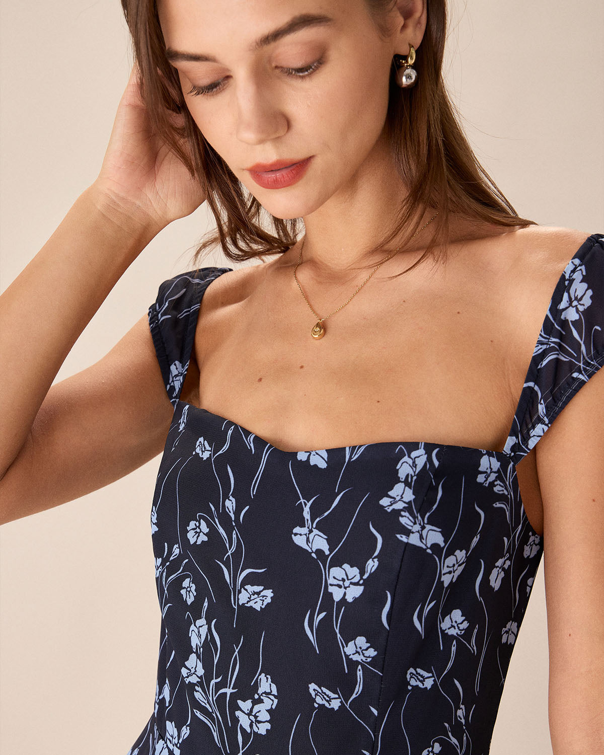 Navy Floral Sweetheart Neck A-Line Midi Dress