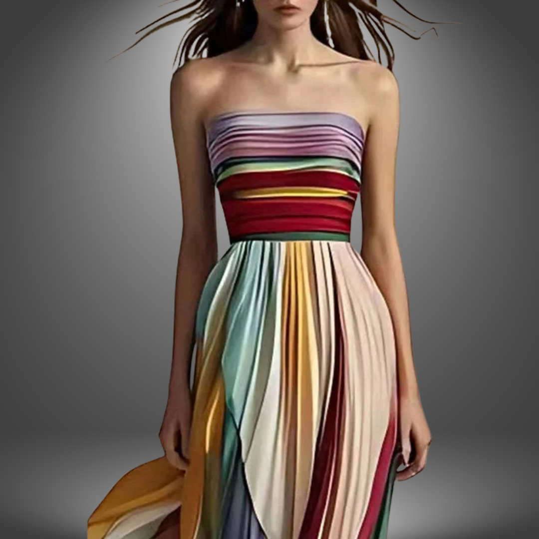 Multicoloured Plissé Maxi Dress - Strapless, Effortless Elegance