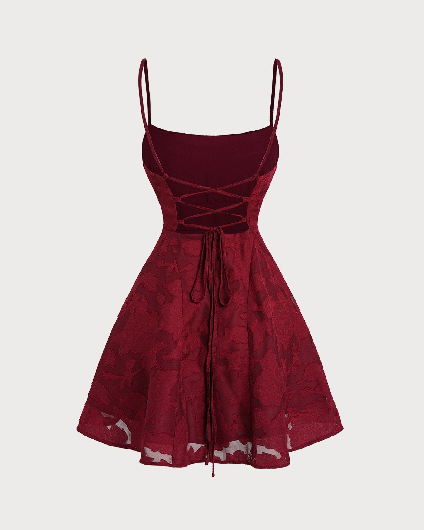 Wine Red A-Line Floral Mini Dress with Square Neck