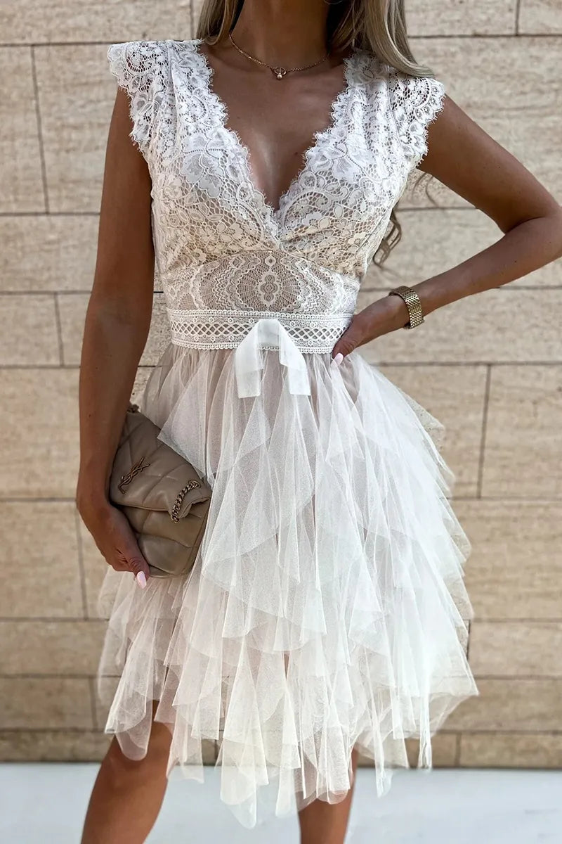 White Ruched Mini Dress with Ruffle Hem for Effortless Style