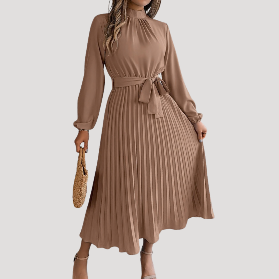 Red Pleated Maxi Dress with Long Sleeves & Defined Waist — Khaki