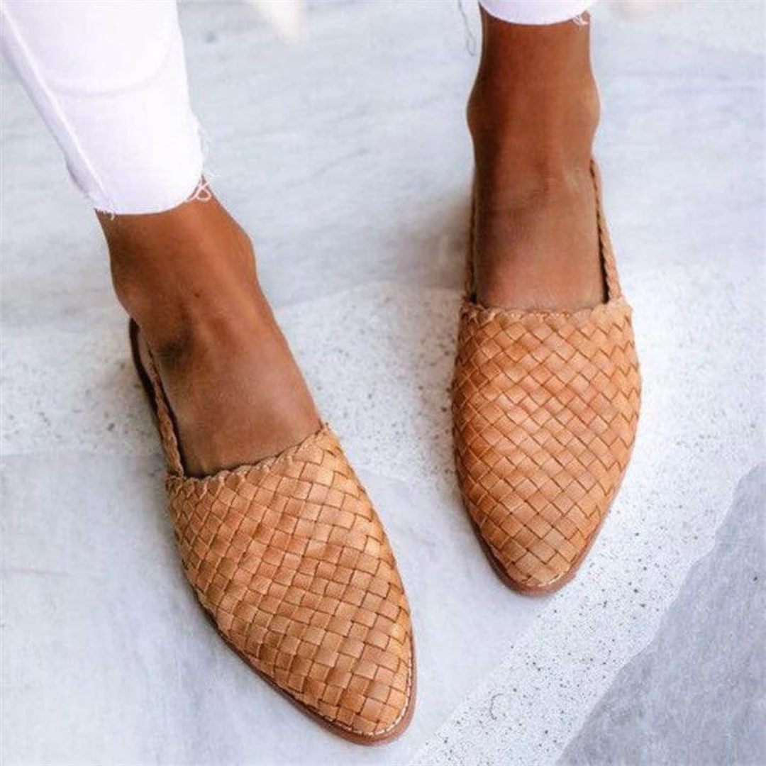 Dark Brown Woven Vegan Leather Ballet Flats — Light Brown