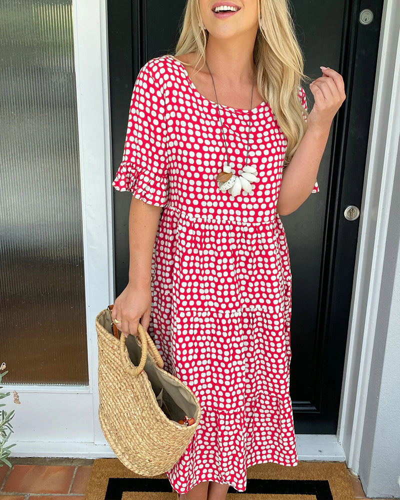 Brown Polka Dot A-Line Midi Dress with Half Sleeves