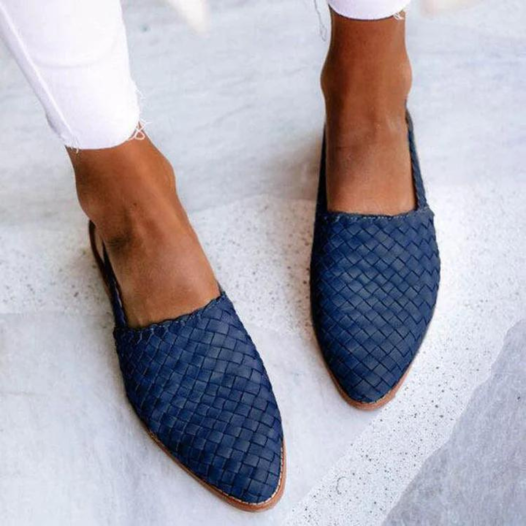Dark Brown Woven Vegan Leather Ballet Flats — Blue
