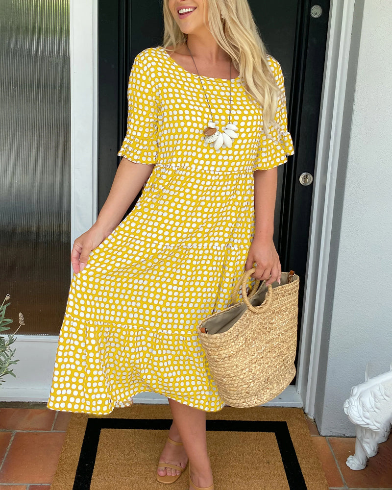 Brown Polka Dot A-Line Midi Dress with Half Sleeves