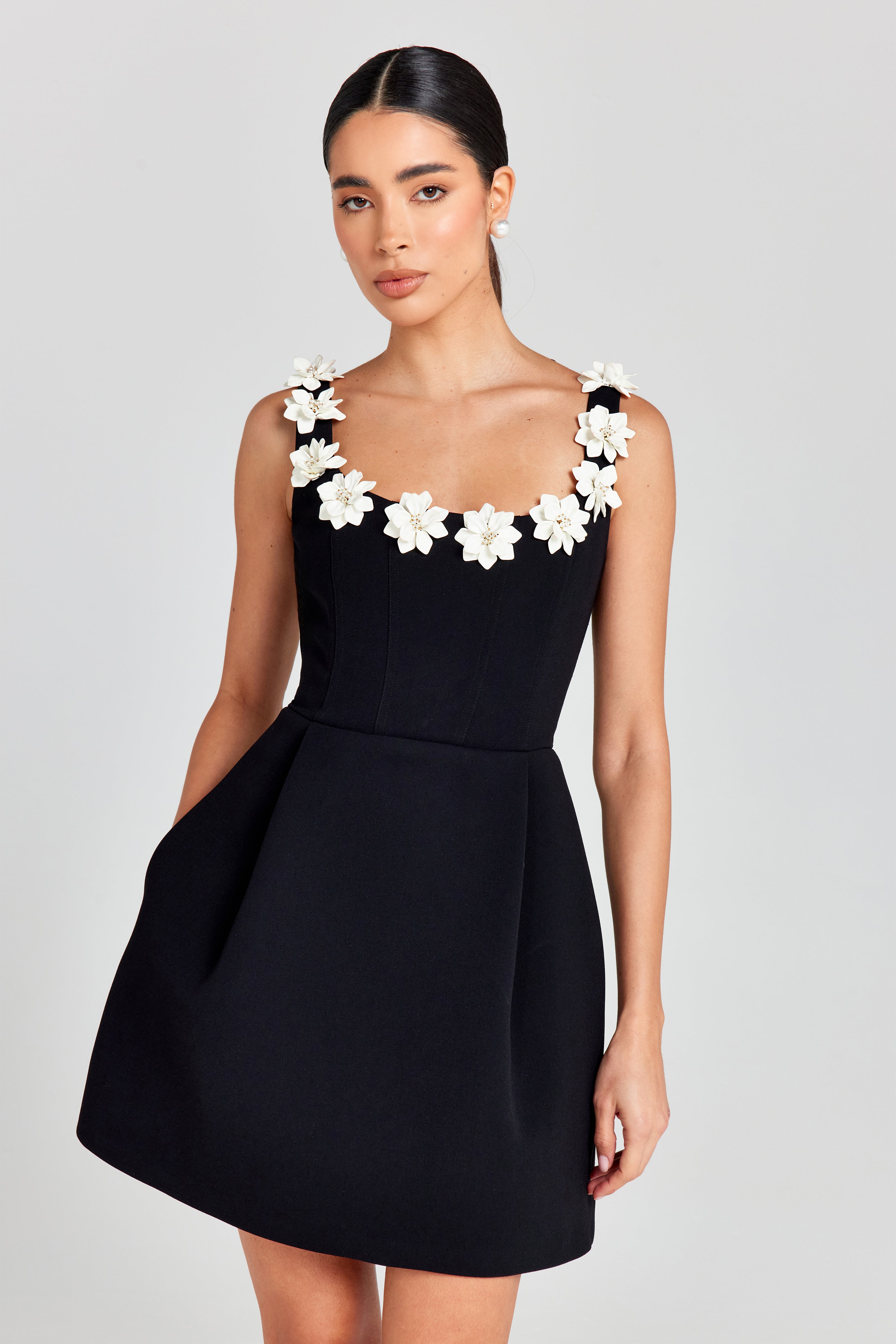 Monochrome Floral Appliqué A-Line Mini Dress