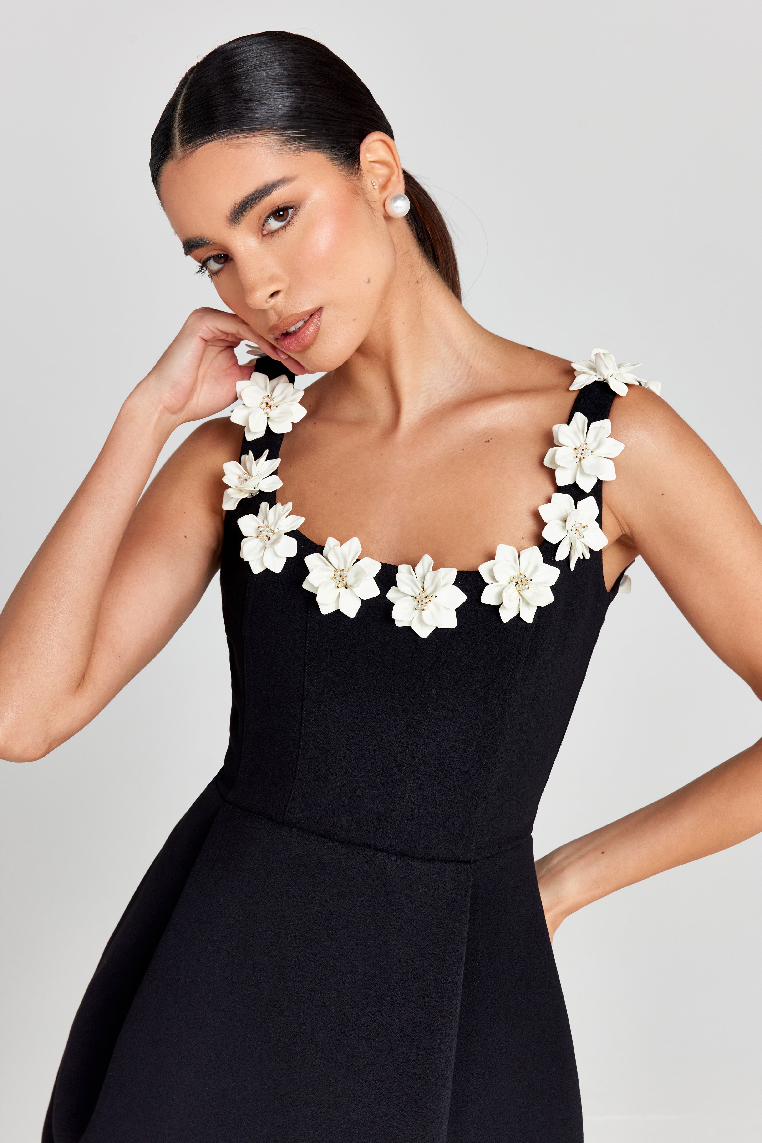 Monochrome Floral Appliqué A-Line Mini Dress