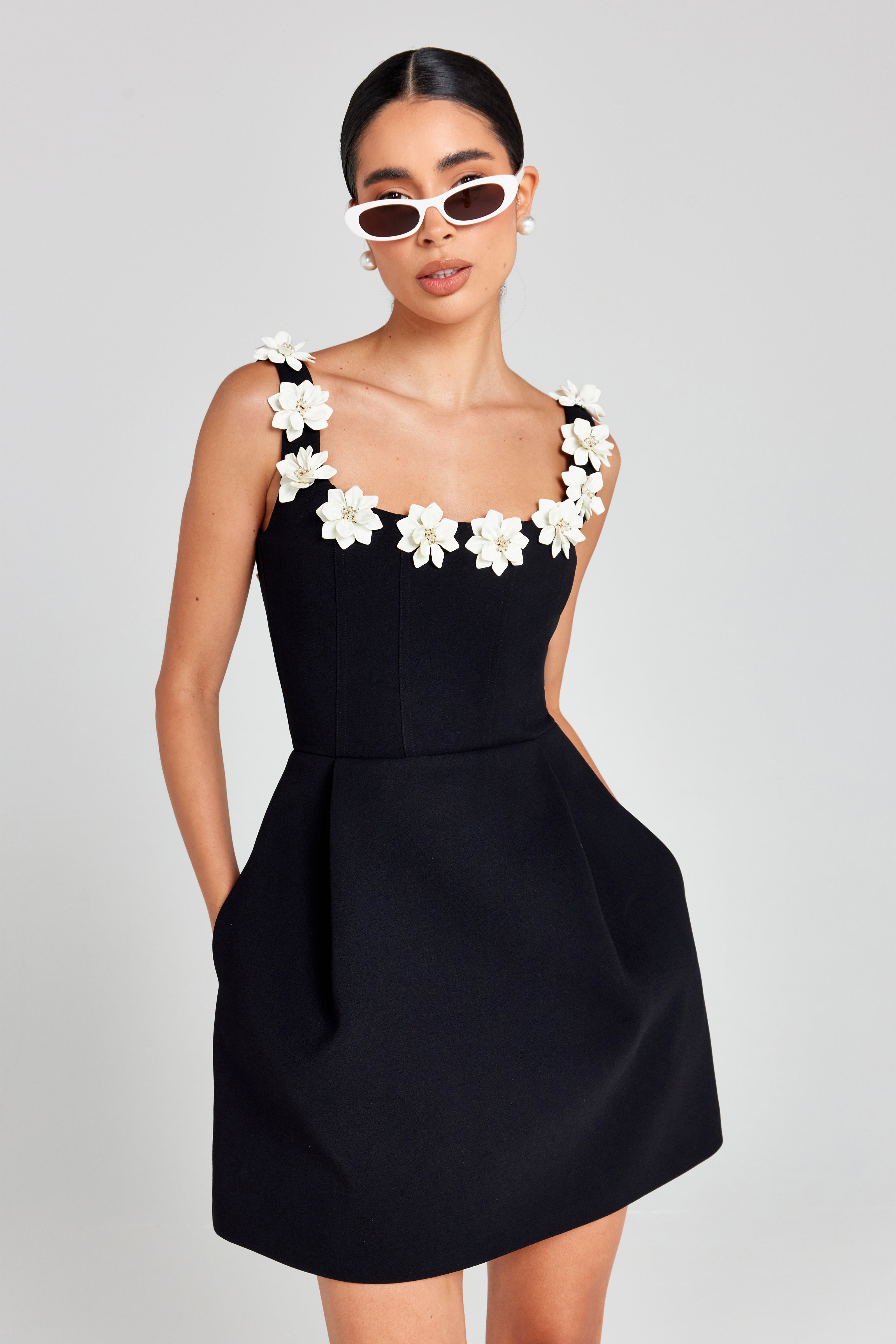 Monochrome Floral Appliqué A-Line Mini Dress