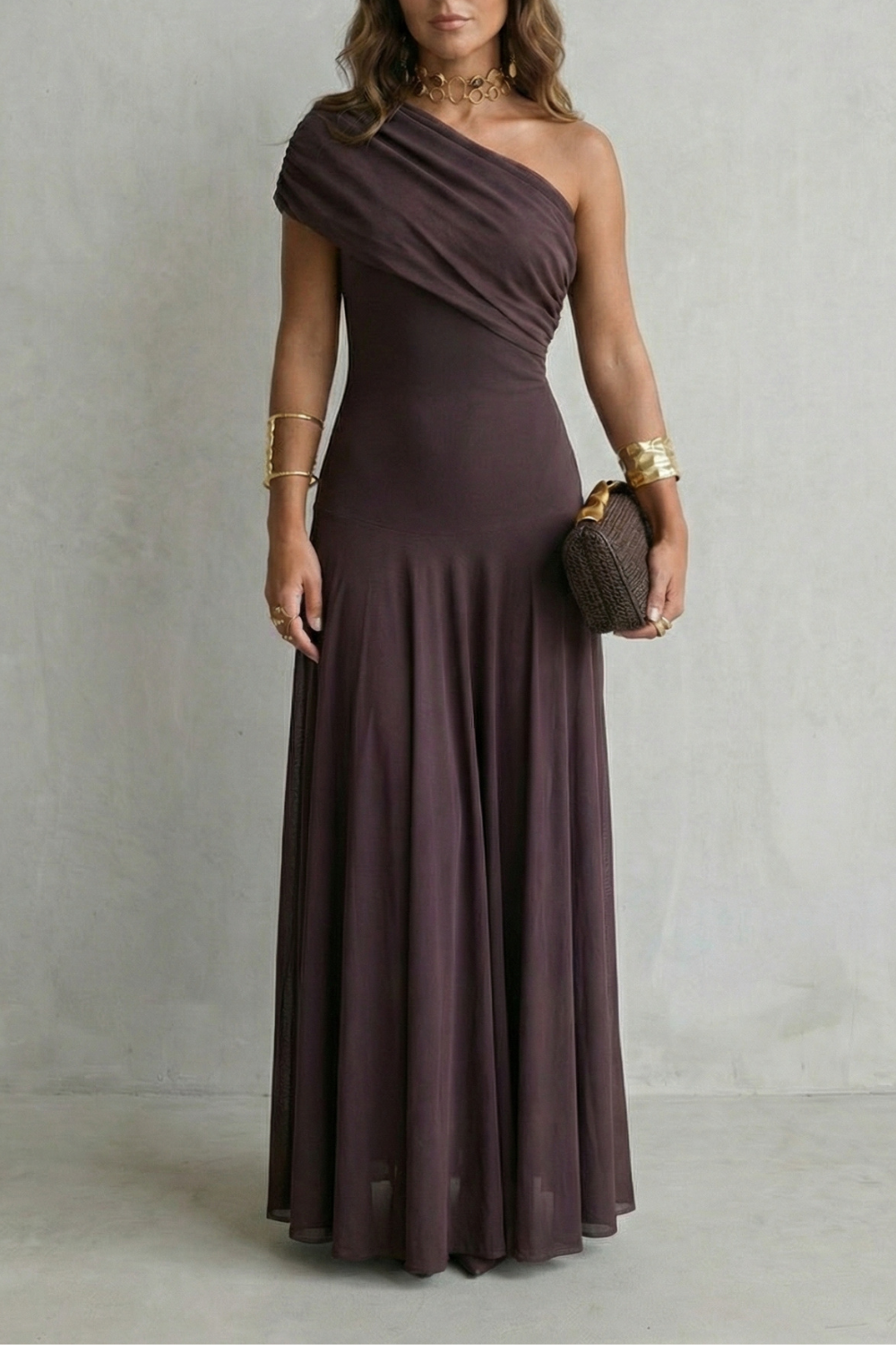 Brown One-Shoulder Maxi Dress with Draped Neckline — Brown