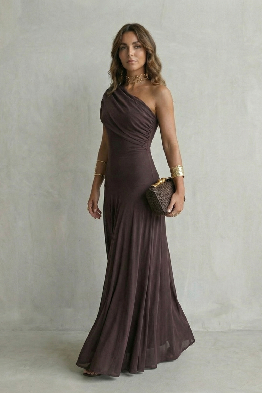 Brown One-Shoulder Maxi Dress with Draped Neckline