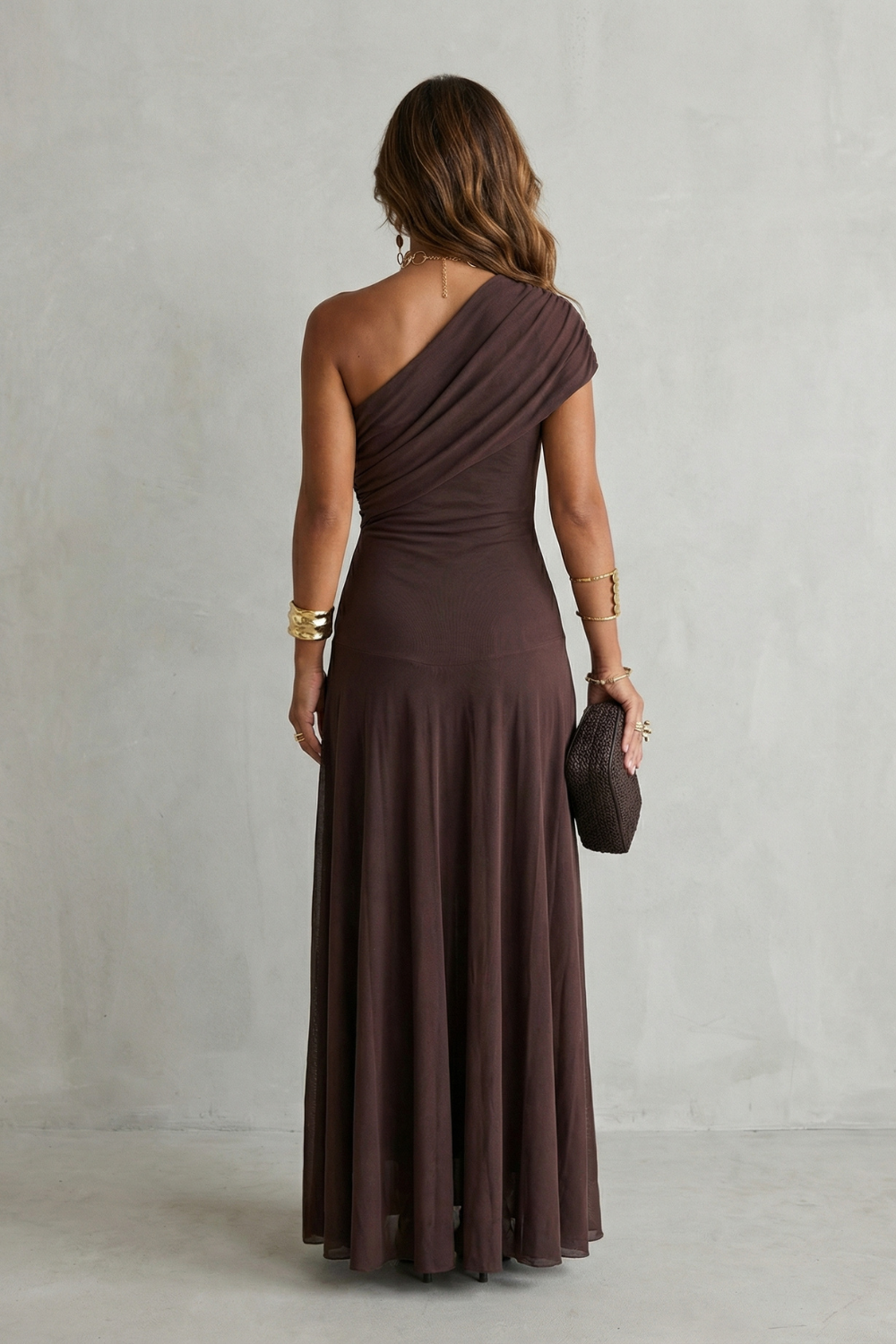 Brown One-Shoulder Maxi Dress with Draped Neckline