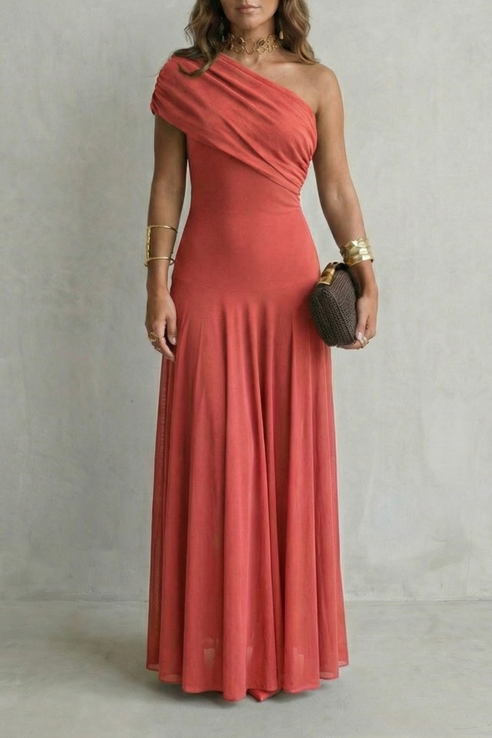 Brown One-Shoulder Maxi Dress with Draped Neckline — Red
