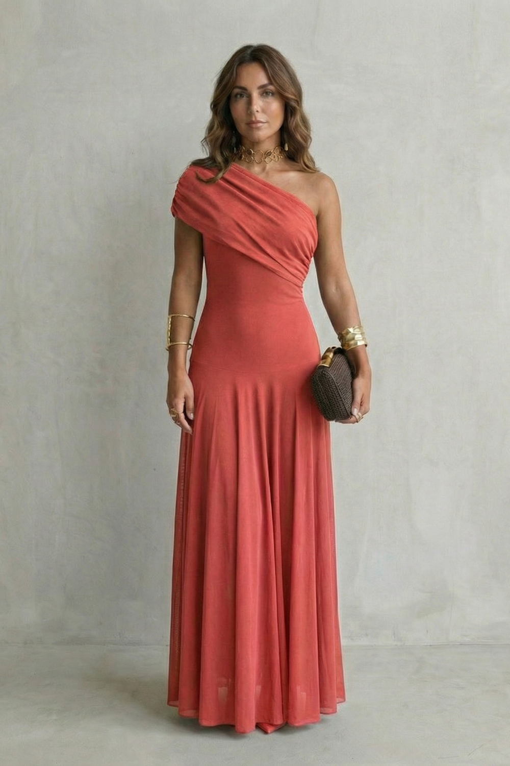 Brown One-Shoulder Maxi Dress with Draped Neckline