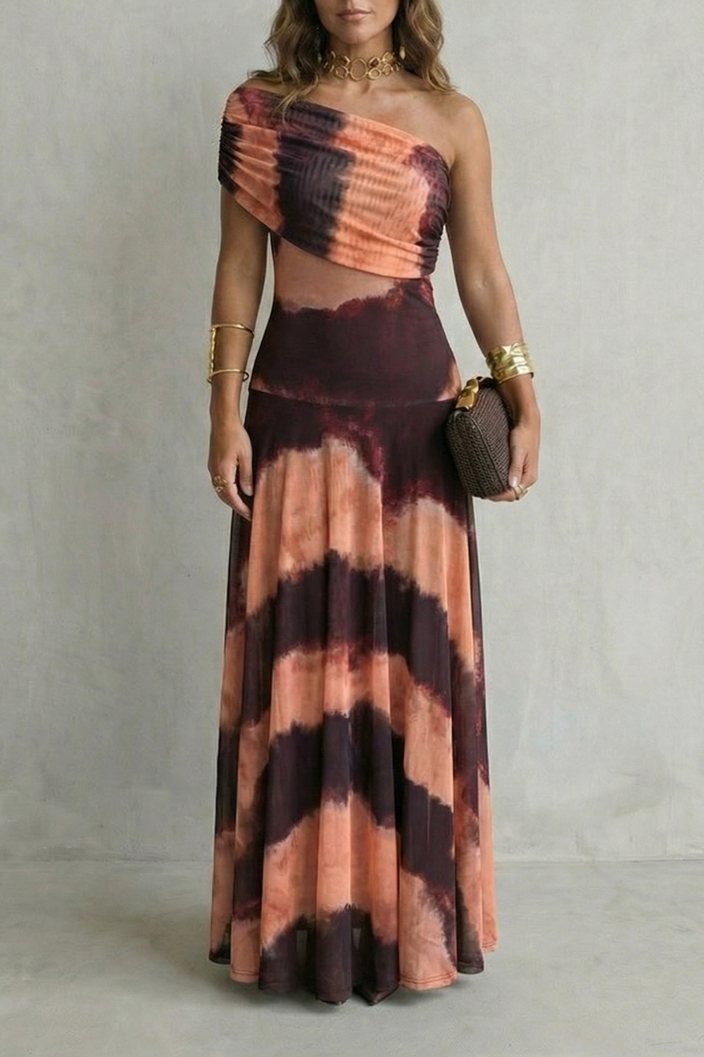 Brown One-Shoulder Maxi Dress with Draped Neckline — Orange