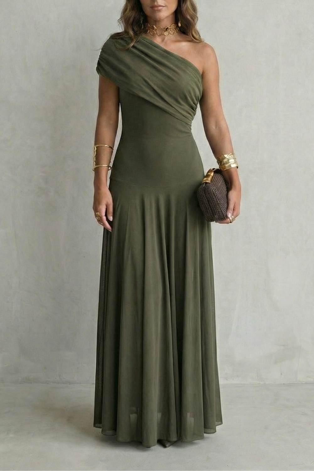 Brown One-Shoulder Maxi Dress with Draped Neckline — Green