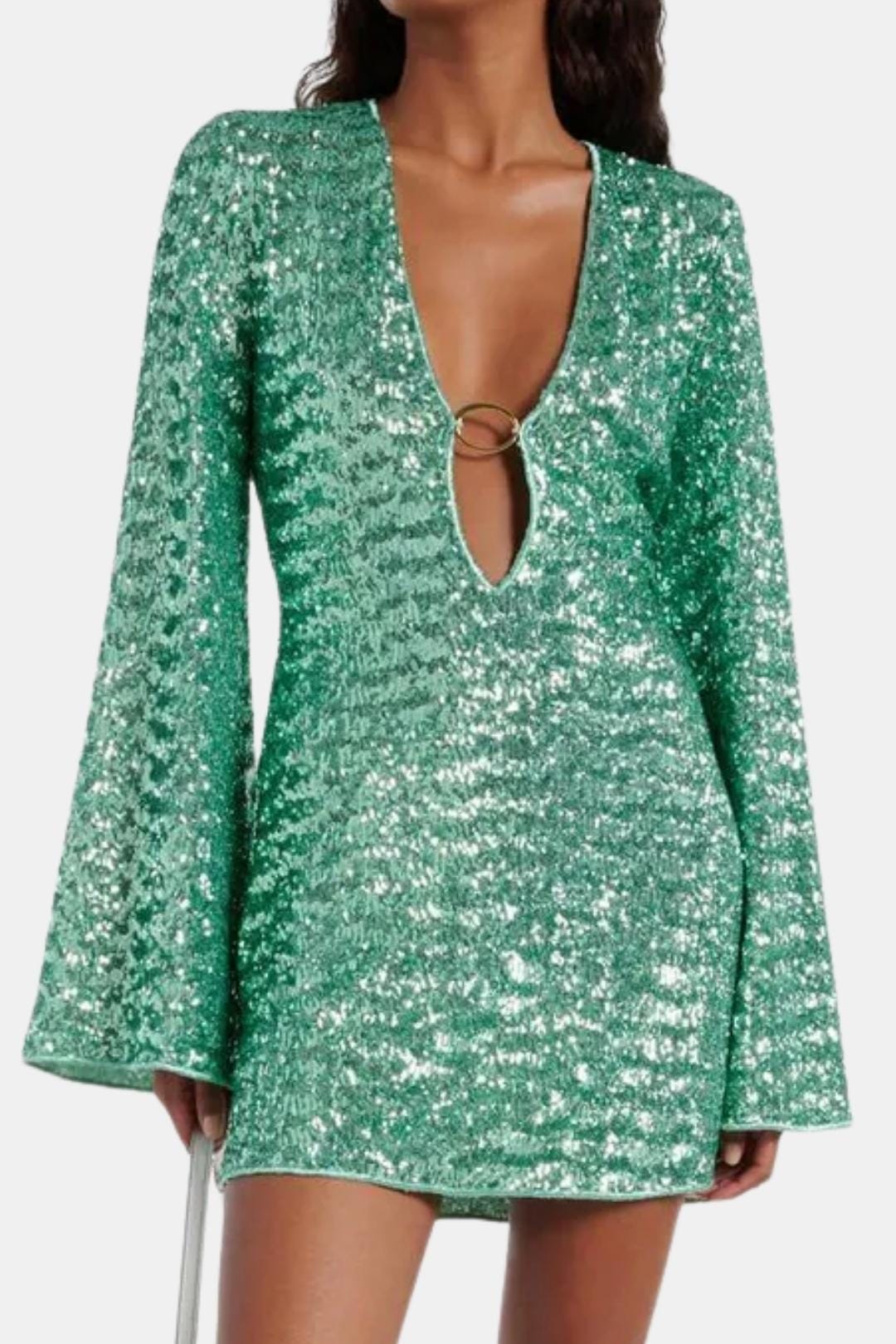 Green Sequin Mini Dress – Elegant V-Neck Long Sleeve