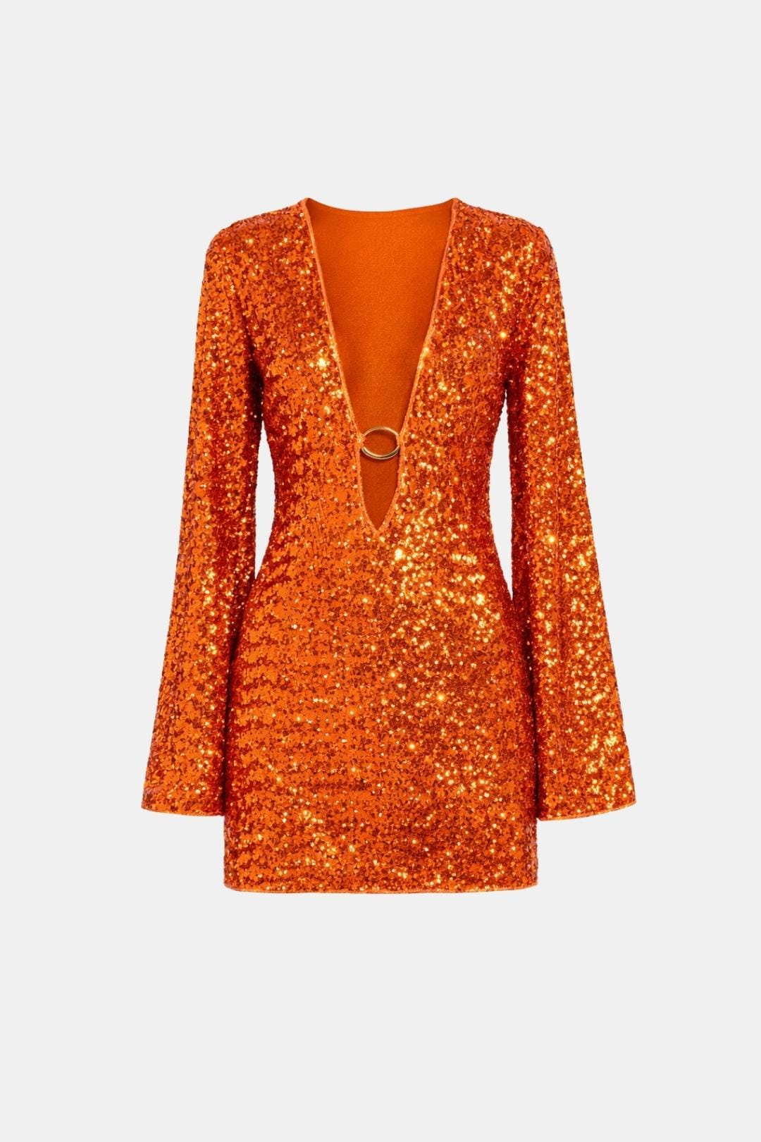 Green Sequin Mini Dress – Elegant V-Neck Long Sleeve — Orange