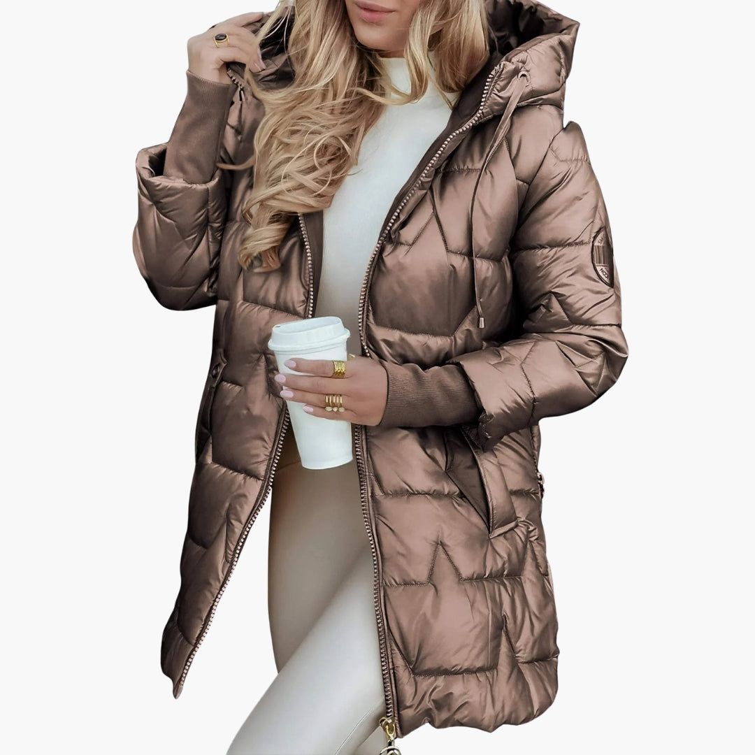 Long women's down jacket with hood and zipper closure