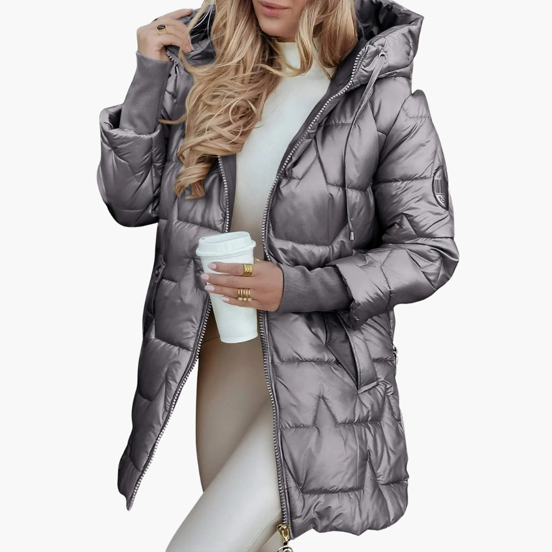 Long women's down jacket with hood and zipper closure