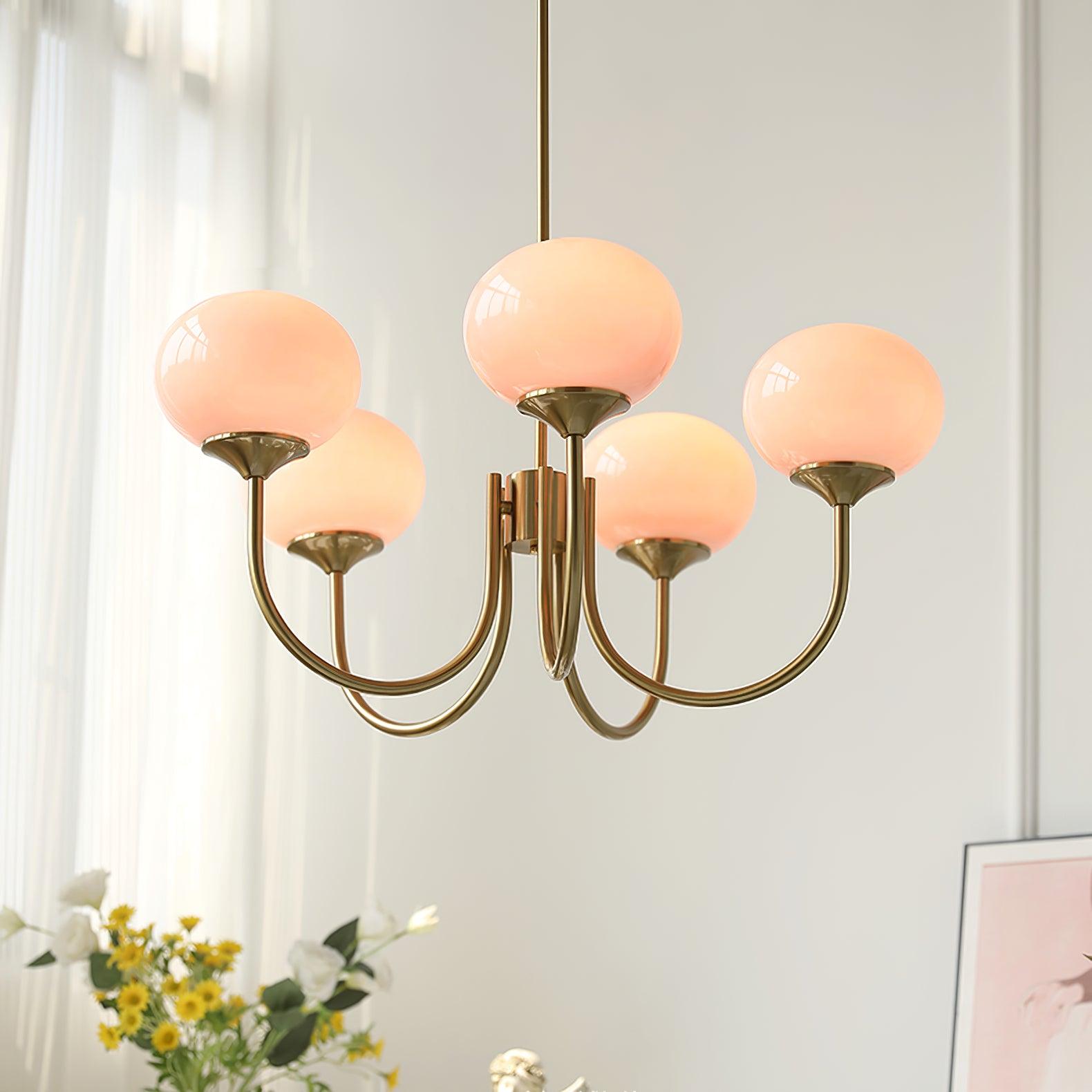 Elegant Modern Brass Chandelier Light with Pink Glass Shades for Dining Room 1
