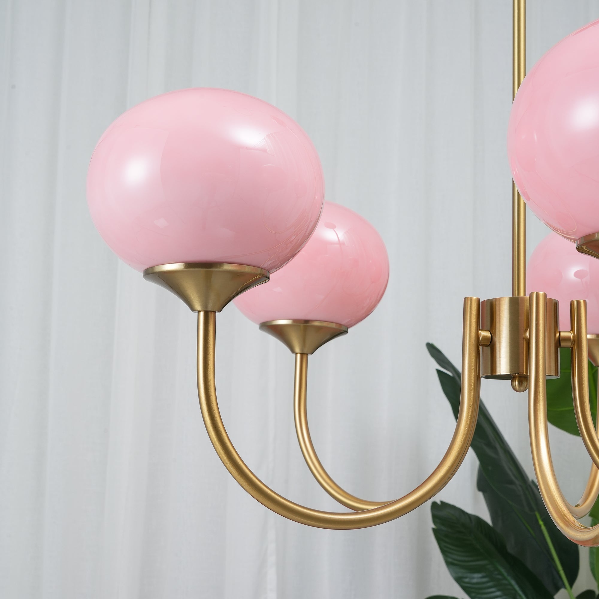 Elegant Modern Brass Chandelier Light with Pink Glass Shades for Dining Room 7