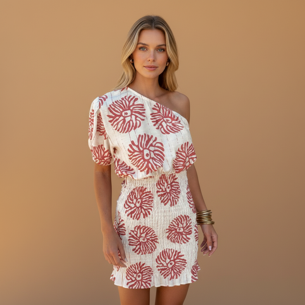 Printed One-Shoulder Mini Dress - White Red for Effortless Style — White Red