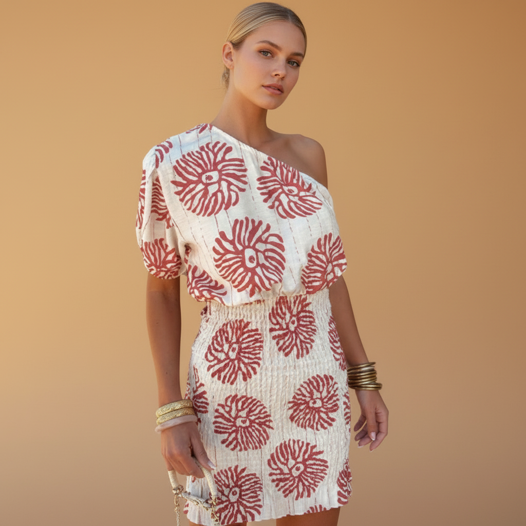 Printed One-Shoulder Mini Dress - White Red for Effortless Style