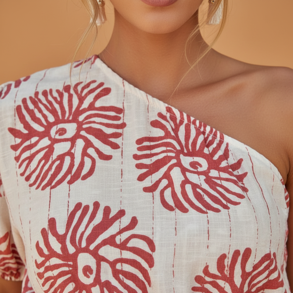 Printed One-Shoulder Mini Dress - White Red for Effortless Style
