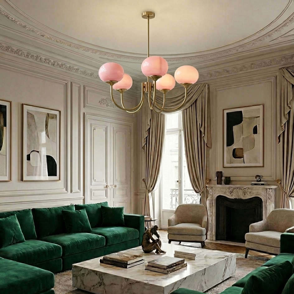 Elegant Modern Brass Chandelier Light with Pink Glass Shades for Dining Room