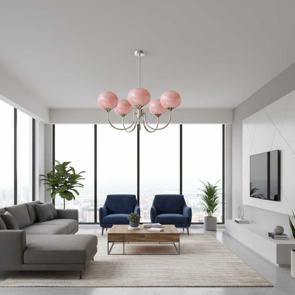 Elegant Modern Brass Chandelier Light with Pink Glass Shades for Dining Room