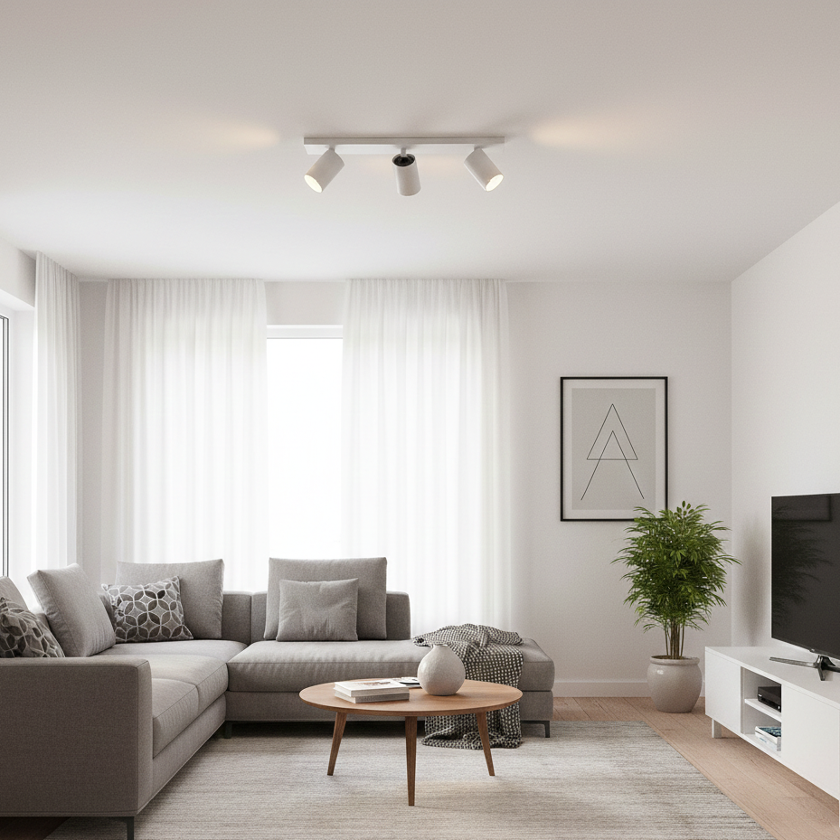 Modern Adjustable Ceiling Light Fixture with 3 Spotlight Design in White Aluminum