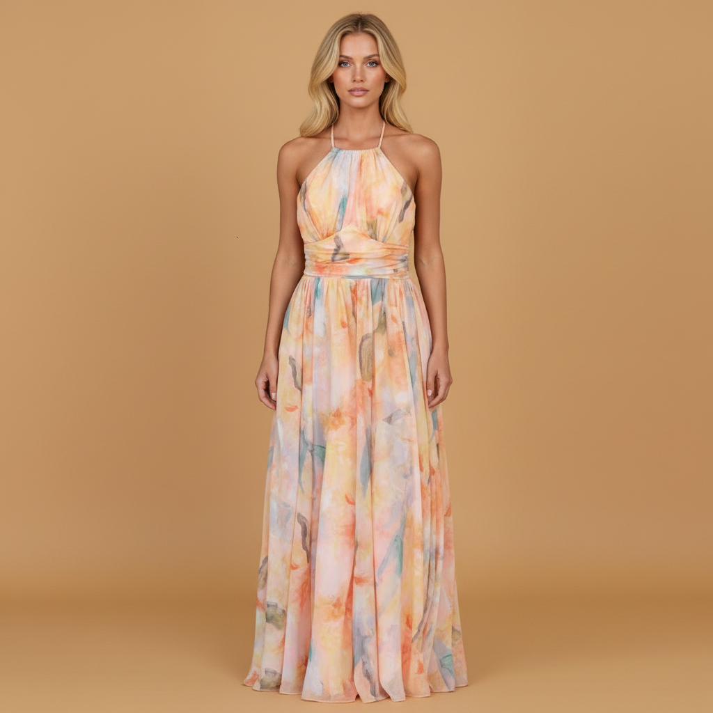 Peach Flowing Maxi Dress with Halter Neckline & Art Print — Peach