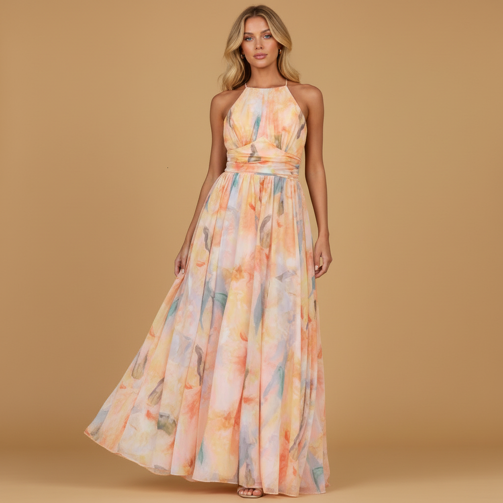 Peach Flowing Maxi Dress with Halter Neckline & Art Print