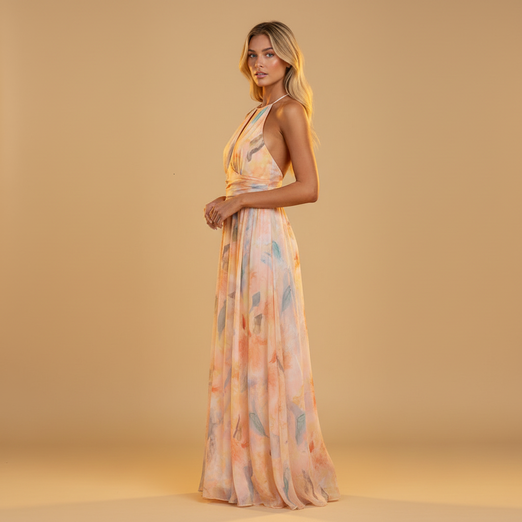Peach Flowing Maxi Dress with Halter Neckline & Art Print