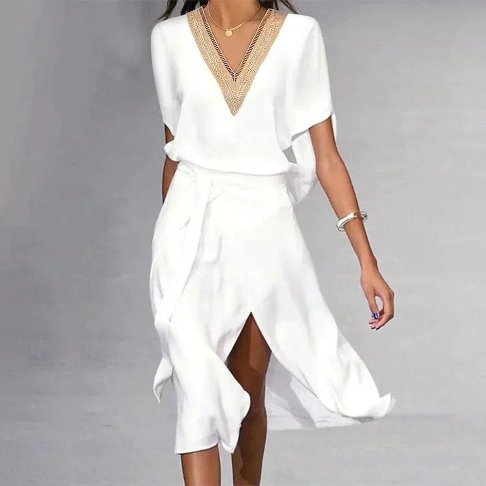 White V-Neck Tie Waist Midi Dress — White