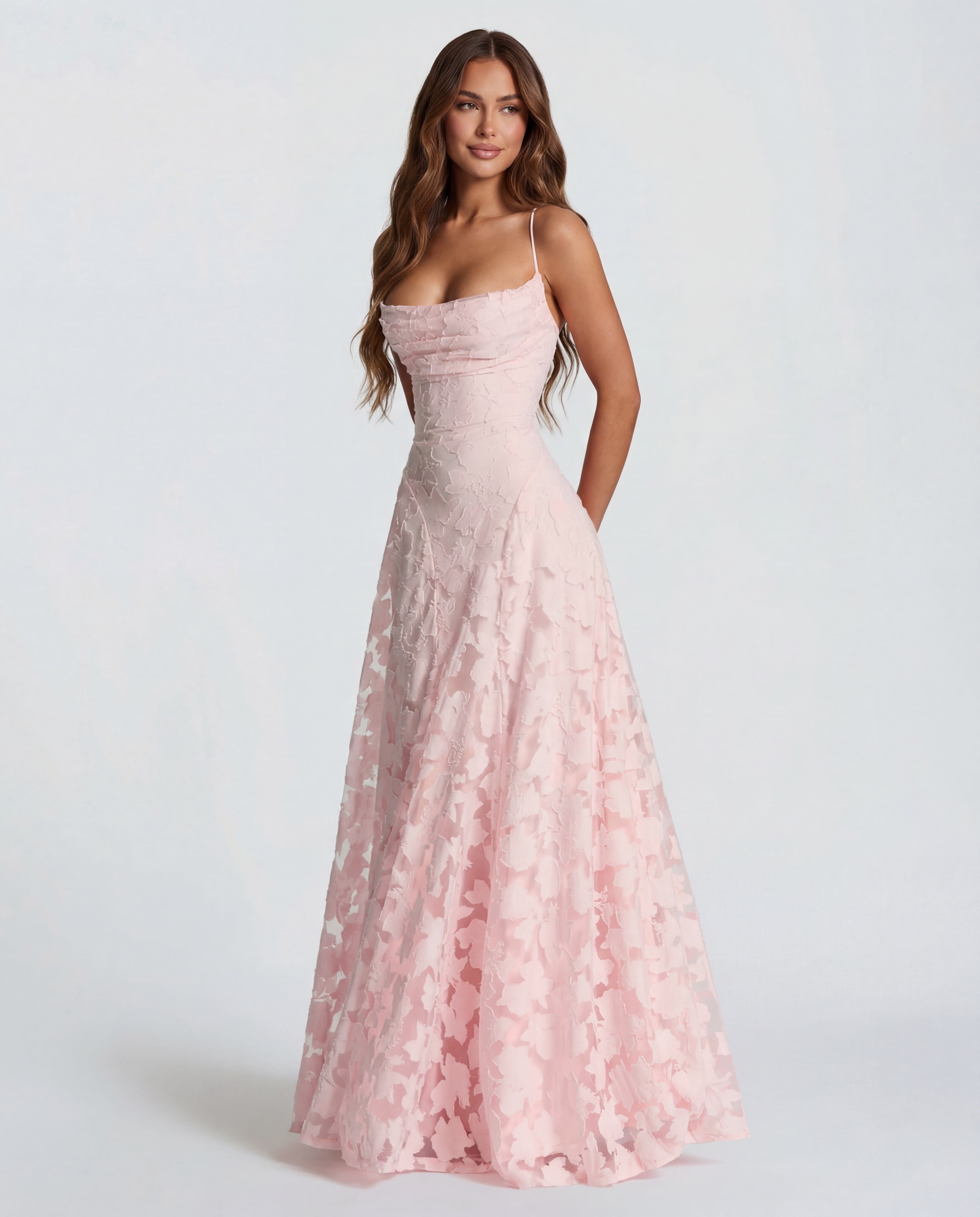 Pink Floral Lace Maxi Dress with Spaghetti Straps — Pink