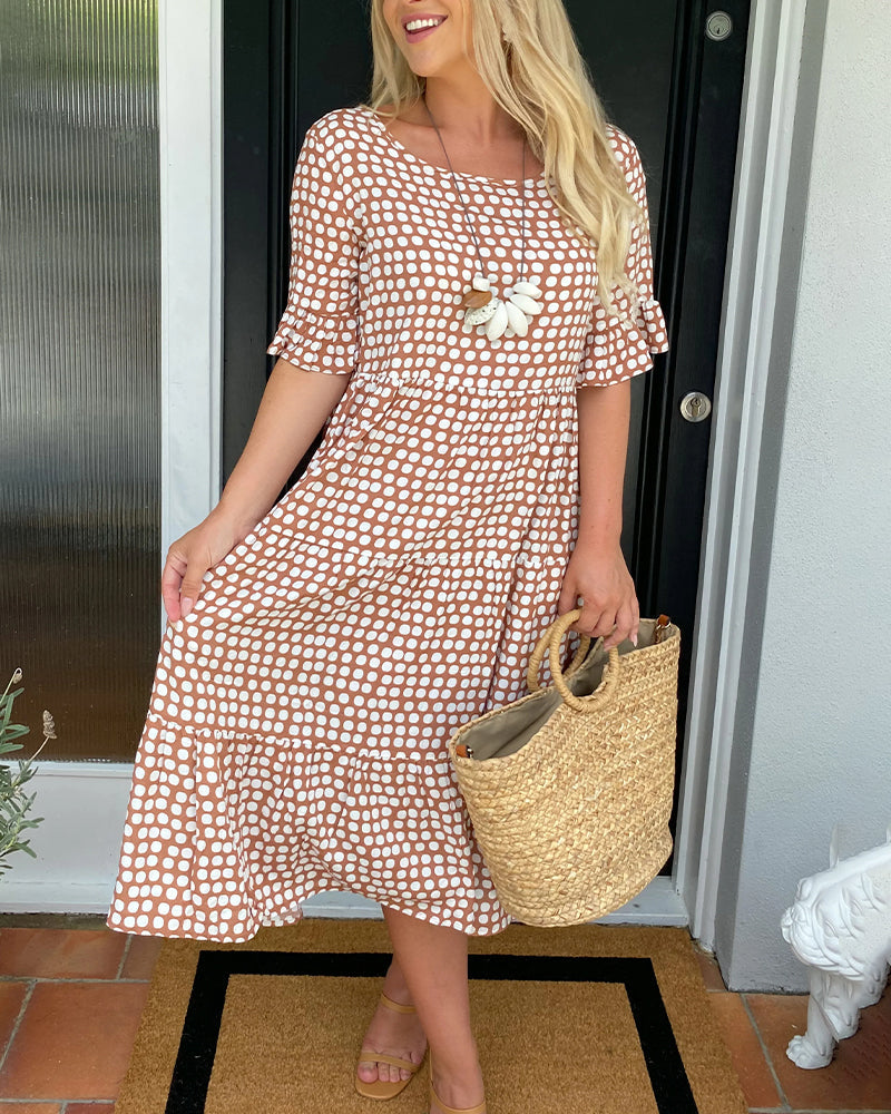 Brown Polka Dot A-Line Midi Dress with Half Sleeves